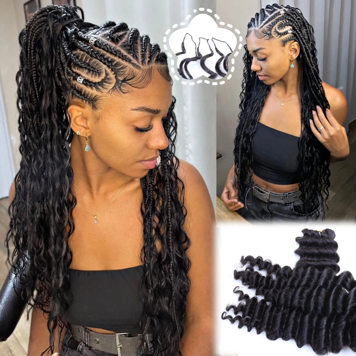 Crochet Braiding Hair - 자연스러운 검은색의 짙은 웨이브 스타일, 깃털